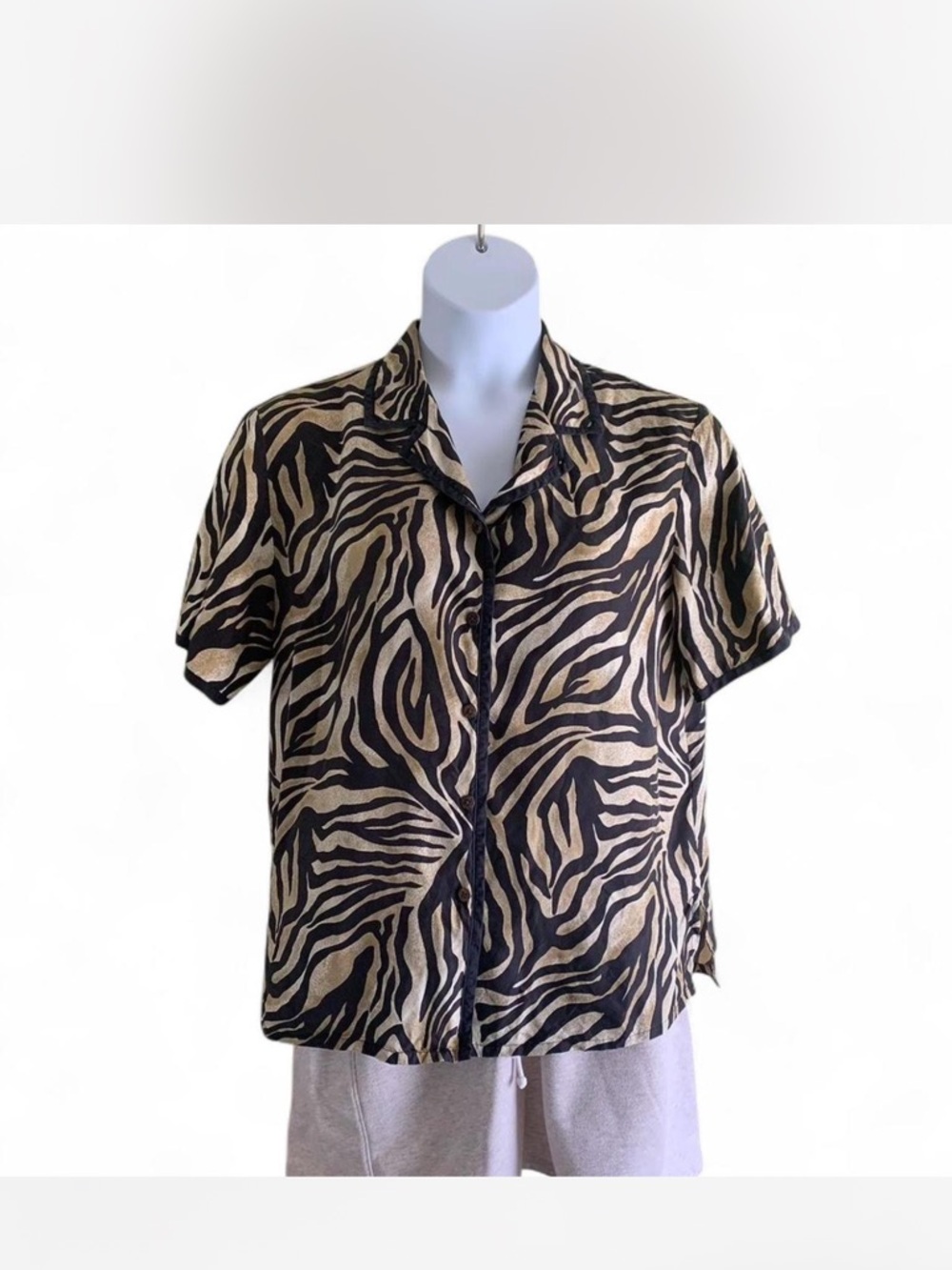 City Silk Zebra Print Short Sleeve Button Front Shirt - 💯 Silk Black and Tan